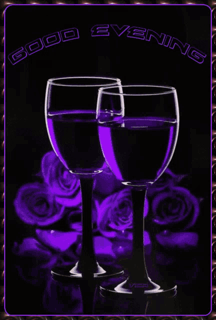 two glasses of purple liquid with the words good evening written above them