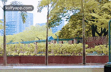 a person is walking in the rain in a park with trees and buildings in the background .