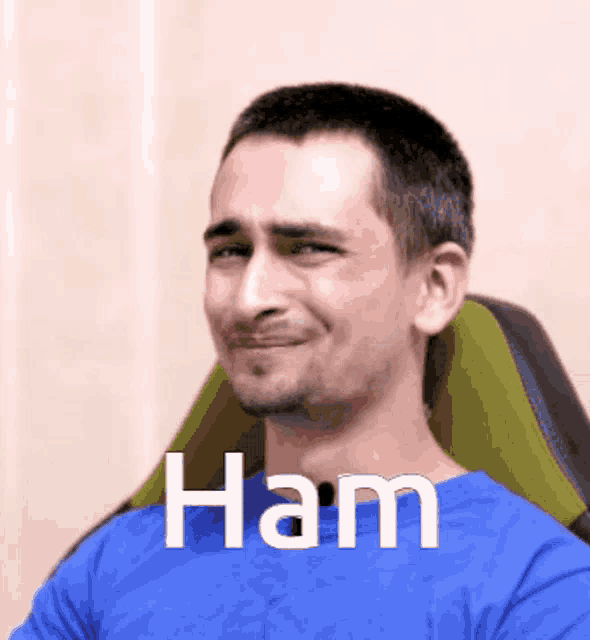 a man in a blue shirt is sitting in a chair with the word ham written on his face
