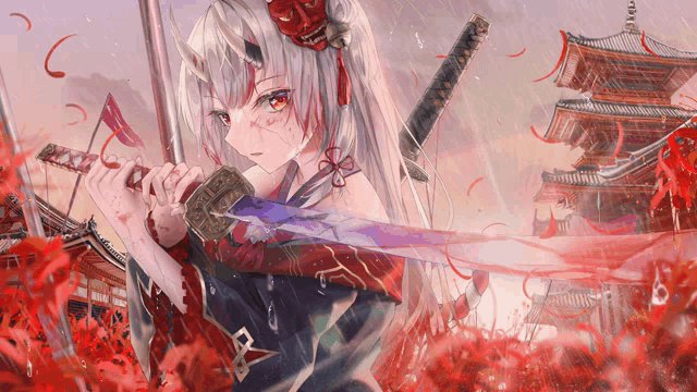 a girl with a mask on her head is holding a sword in front of a building