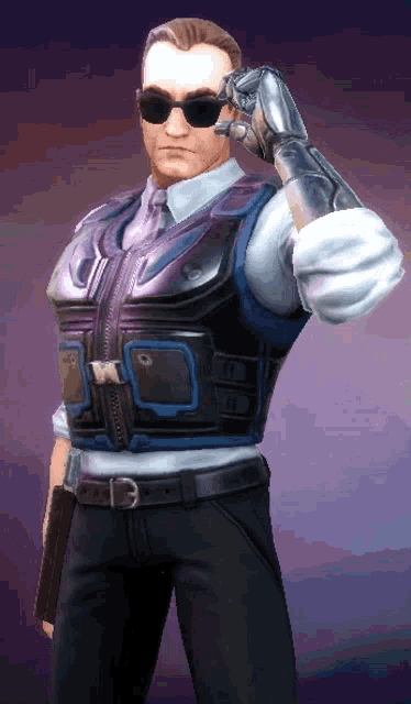 a man wearing sunglasses and a vest has a robotic arm on his shoulder