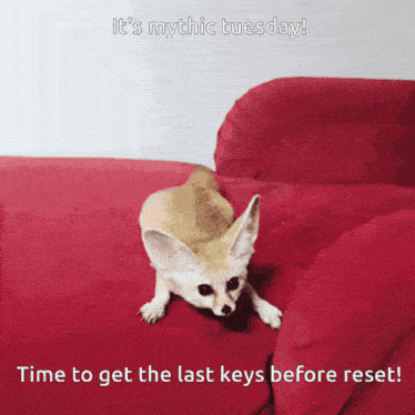 a picture of a fox on a red couch with the caption it 's mythic tuesday