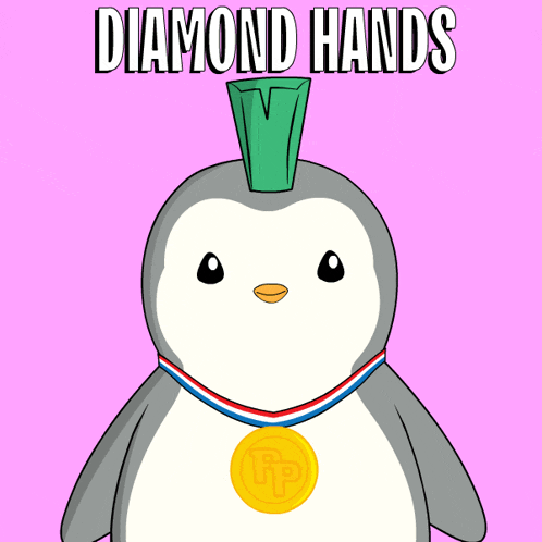 a cartoon of a penguin wearing a medal with the words diamond hands above it