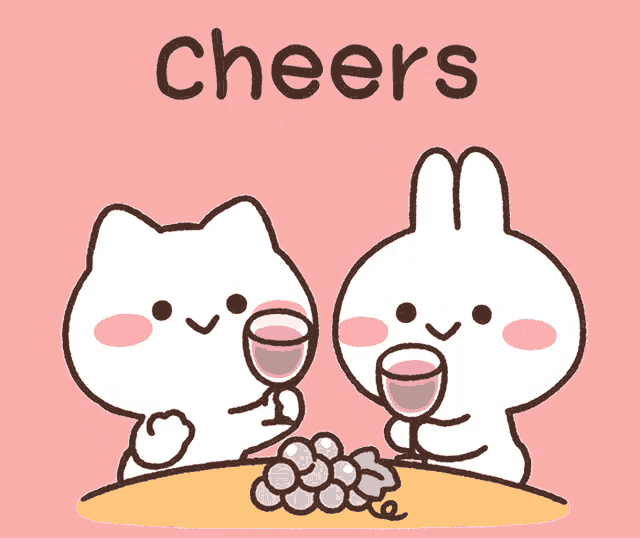 a cartoon of a cat and a rabbit toasting with wine glasses and the words cheers behind them