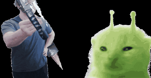 a man holding a lightsaber next to a green cat with antennas