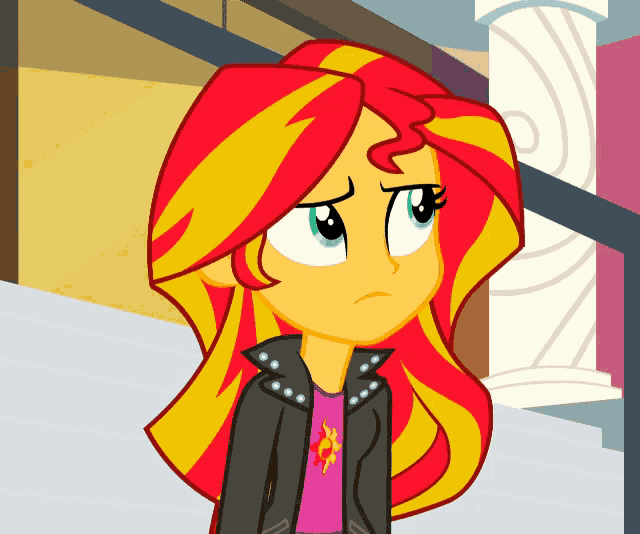 sunset shimmer from my little pony equestria girls is wearing a black leather jacket
