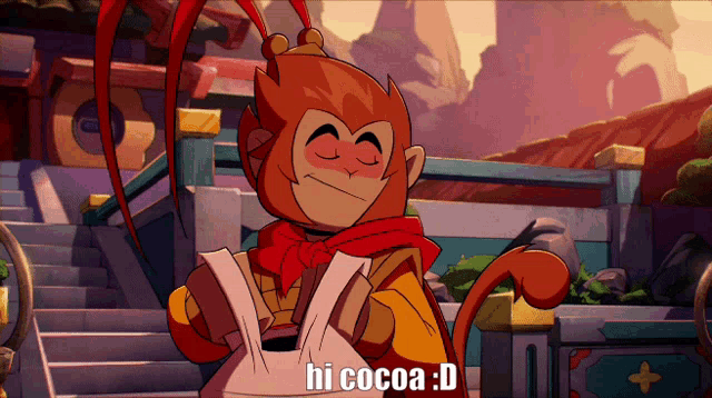 a cartoon of a monkey holding a piece of paper that says hi cocoa : d