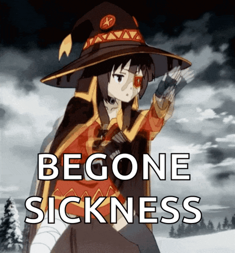 a picture of a girl in a witch hat with the words begone sickness below her