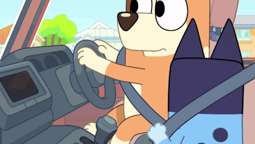a cartoon of a dog driving a car with a cat sitting in the back seat