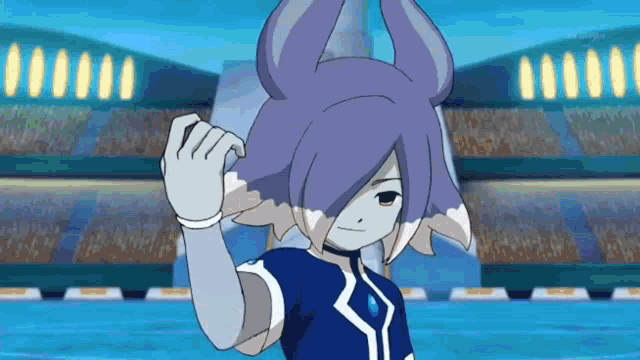 a cartoon character with purple hair and horns is standing in front of a crowd .