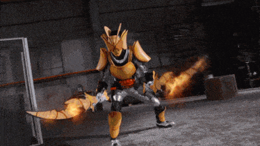 a man in a yellow and black armor is holding a sword with flames coming out of it