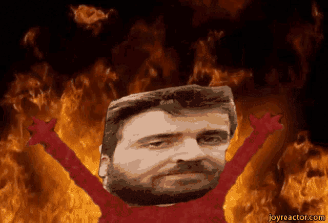 a cartoon of a man with a beard and red arms in front of a fire with joyreactor.com at the bottom