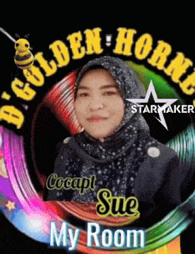 a picture of a woman in a hijab is surrounded by the words golden horne starmaker
