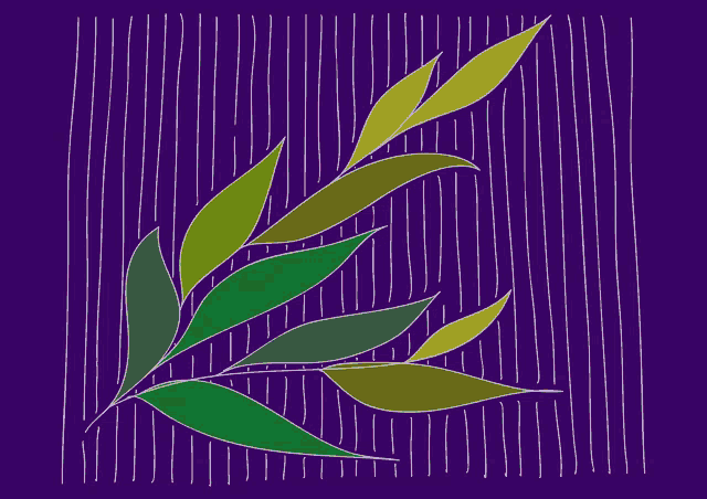 a purple background with green leaves on it