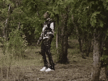 a man in a black and white sweater stands in a forest
