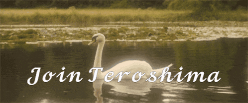 a picture of a swan in a lake with the words join teroshima above it
