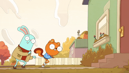 a cartoon of a rabbit and a squirrel standing outside of a house