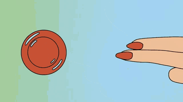 a cartoon drawing of a woman 's finger pointing at a red button