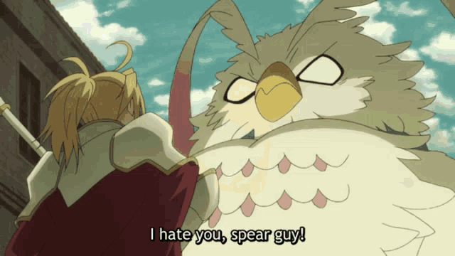 a cartoon character says i hate you spear guy in front of a bird