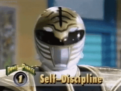 a power ranger is wearing a helmet that says self-discipline .