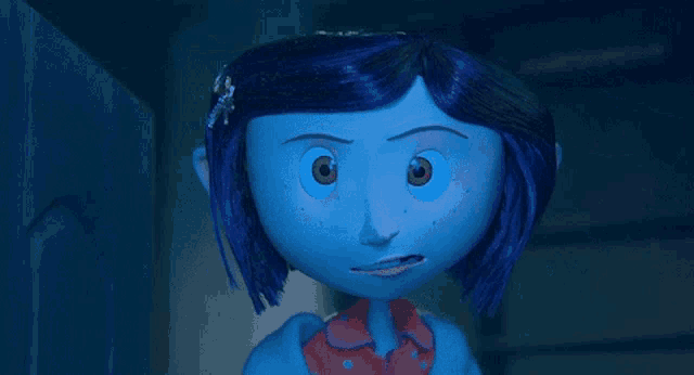 a cartoon character with blue hair and red polka dots