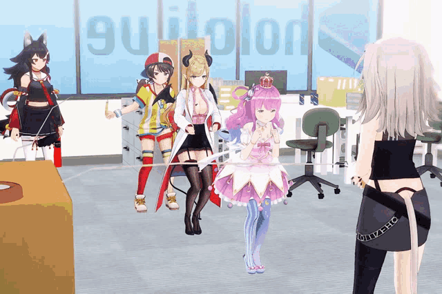 a group of anime girls are standing in front of a sign that says " guilolon "