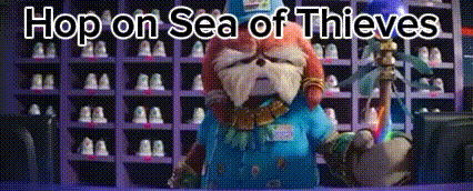 a cartoon character with the words hop on sea of thieves written on the bottom