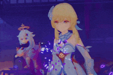 a girl in a blue dress is standing in front of a purple light