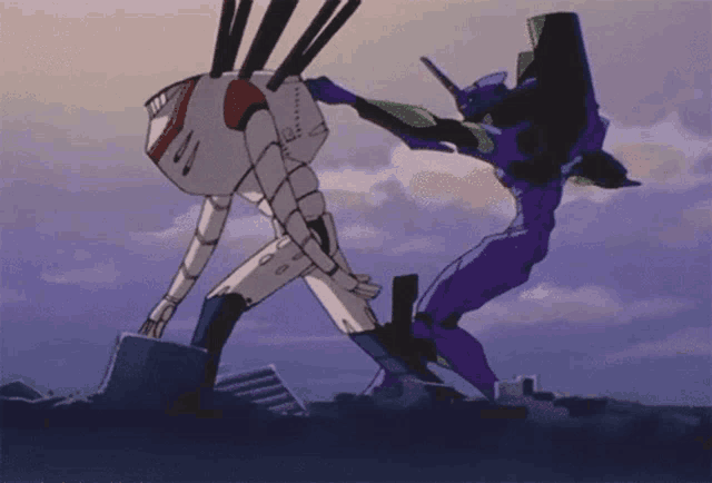 a purple robot is standing next to a white robot with a green head