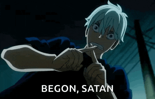 a cartoon character is pointing at the camera and says begon satan .