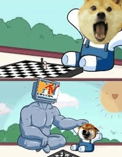 a doge with a tv on its head is playing chess with a man with a tv on his head .