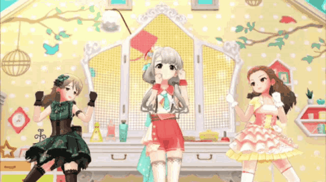 three anime girls are standing in front of a mirror in a room