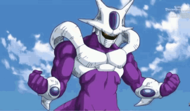 a purple and white cartoon character with a blue sky and clouds in the background