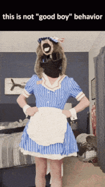 a person dressed as a maid with the words this is not " good boy " behavior