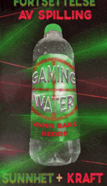 a bottle of gaming water has a green label with red writing