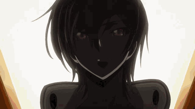 a close up of a person 's face with dark hair and red eyes