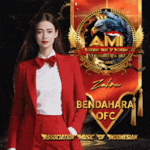 a woman in a red suit is standing in front of a banner that says ami association music of indonesian