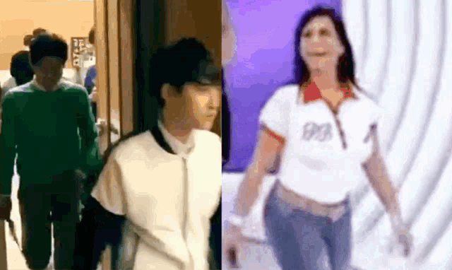 a man and a woman are standing next to each other in a hallway