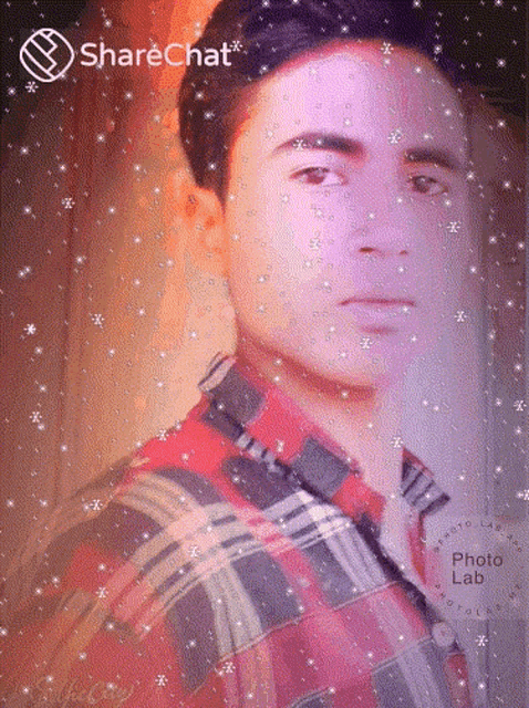 a man 's face is surrounded by snowflakes and the words sharechat