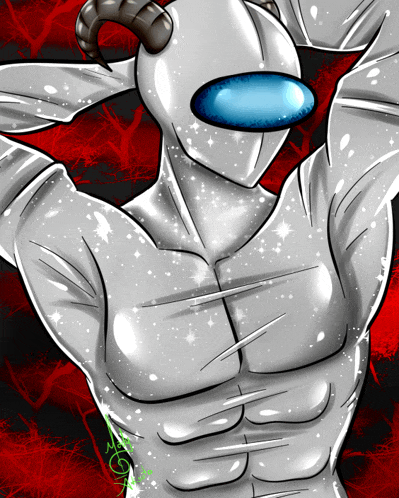 a drawing of an among us character with horns and a blue eye