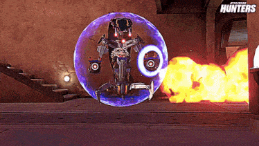 a video game called star wars hunters has a robot in a purple bubble