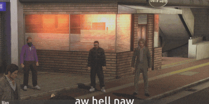 a video game scene with aw hell naw written on the bottom right