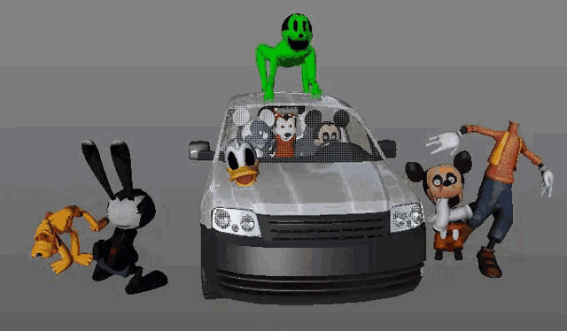 a group of cartoon characters are standing around a car including mickey mouse