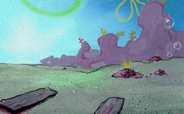a pixel art drawing of a spongebob squarepants scene with corals and bubbles