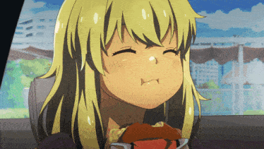 a girl with blonde hair eating a hamburger with her eyes closed