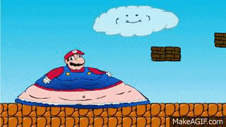 a cartoon of a fat mario with a cloud in the sky .