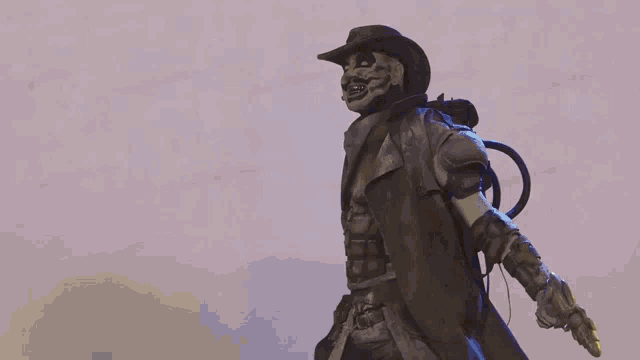 a man in a cowboy hat is holding a gun in a foggy room