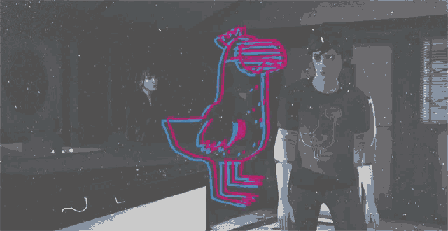 a man in a harley davidson shirt stands next to a drawing of a chicken