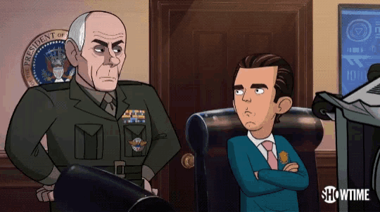 a showtime cartoon shows a man sitting in a chair next to a military man