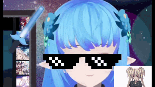 a girl with blue hair is wearing a pair of sunglasses that say ' thug life '